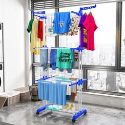 Somstyle Wasrek Inklapbaar - 170 x 75 x 64 CM - Droogrek - Droogtoren met Wieltjes - Blauw / Wit — thumbnail 3