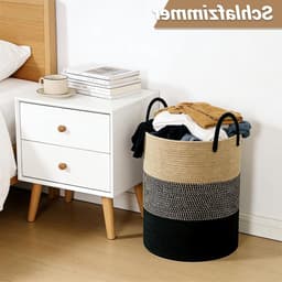 Gevlochten wasmand met handvat, rond en groot 38 x 50 cm, ideaal voor dekens, speelgoed en wasverzameling in woonkamer of wasruimte (driekleurig) — thumbnail 2