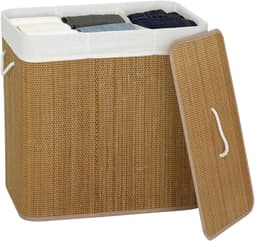 Scaleunion Luxe Bamboe Wasmand - met 3 vakken – wassorteerder met deksel - 144L met Deksel : Bruin — thumbnail 1