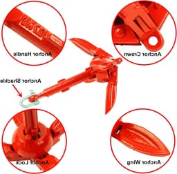 Vouwbare Grapnel Anker Kit 0.7kg voor Kano, Jetski en Paddleboard met 10m Touw en Draagtas - Rood — thumbnail 5