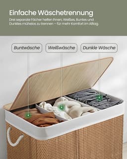 Grote Wasmand van Bamboe met Drie Vakken en Uitneembare Witte Binnenkant — thumbnail 4
