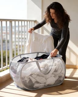 Vouwbare wasmand met handvat, ademend gaas, duurzaam polyester, ideaal voor badkamer, kamperen en reizen, multifunctioneel en praktisch. — thumbnail 4