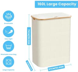 Novendo Goods - Wasmand 160L met 3 vakken - Slanke wasmand met uitneembare waszak - Was sorteerder met handgrepen voor badkamer en slaapkamer — thumbnail 3