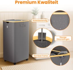 Posity Wasmand op Wielen – 100 Liter – Opvouwbaar – Met Deksel & Handvaten – Wasmand Stof - Bamboe - Laundry Basket - Incl. Waszak - Grijs — thumbnail 3