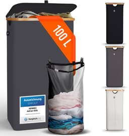 HENNEZ Wasmand met deksel van 100L opvouwbaar met bamboe frame - inclusief waszak - antraciet — thumbnail 2