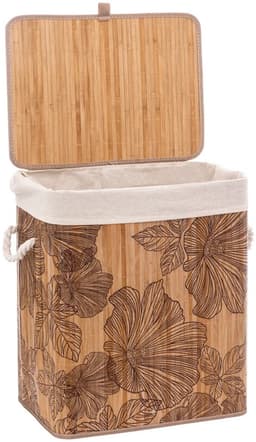 5Five Wasmand met deksel - bamboe hout - 60 Liter- naturel wit - 43 x 31 x 50 cm - Flora print — thumbnail 4