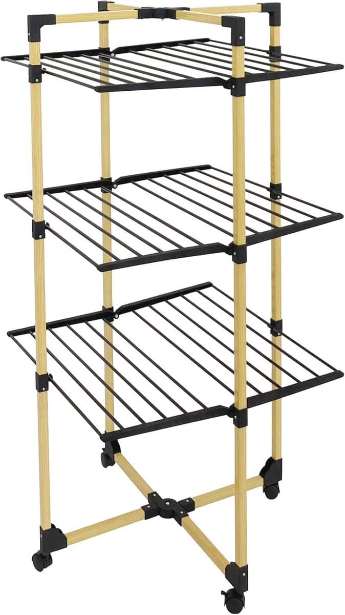 Opvouwbaar Multifunctioneel Droogrek - 30 m, 3 Niveaus, Ruimtebesparend, Zwart en Hout — afbeelding 1