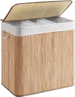 CHIWIN Wasmand met 3 Vakken –Bamboe Grote Wasverzamelaar 150L – Handgeweven Wasmand met Deksel & Handgrepen – Opbergmand voor Badkamer, Slaapkamer & Wasruimte – 60x40x61,5cm — thumbnail 3