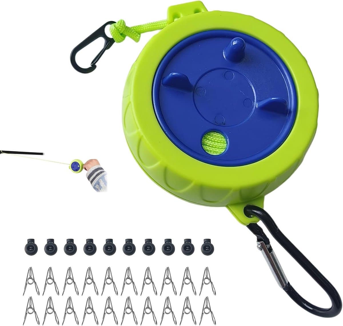 Waslijn, 10 m, draagbaar, van polyester, 4 mm, met ABS-behuizing, metalen haken, 10 clips en 20 roestvrijstalen klemmen, camping, balkon, tuin, badkamer — afbeelding 1