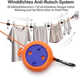 Waslijn, 10 m, uittrekbaar, reiswaslijn met 20 roestvrijstalen wasknijpers en 10 stoppers, winddicht, outdoor waslijn voor camping, camper, caravan, balkon en vakantie, oranje — thumbnail 5