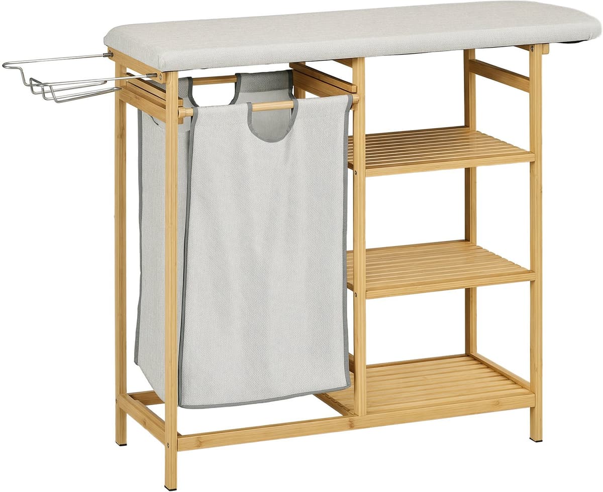 Wasmand, bamboe, wasmand voor vuile was, opbergrek en badkamerrek, met strijkplank, eenvoudig ontwerp, eenvoudig te reinigen, praktisch en decoratief, geschikt voor badkamer, balkon en wasruimte, 113×34×82 cm, houtkleur en grijs — afbeelding 1