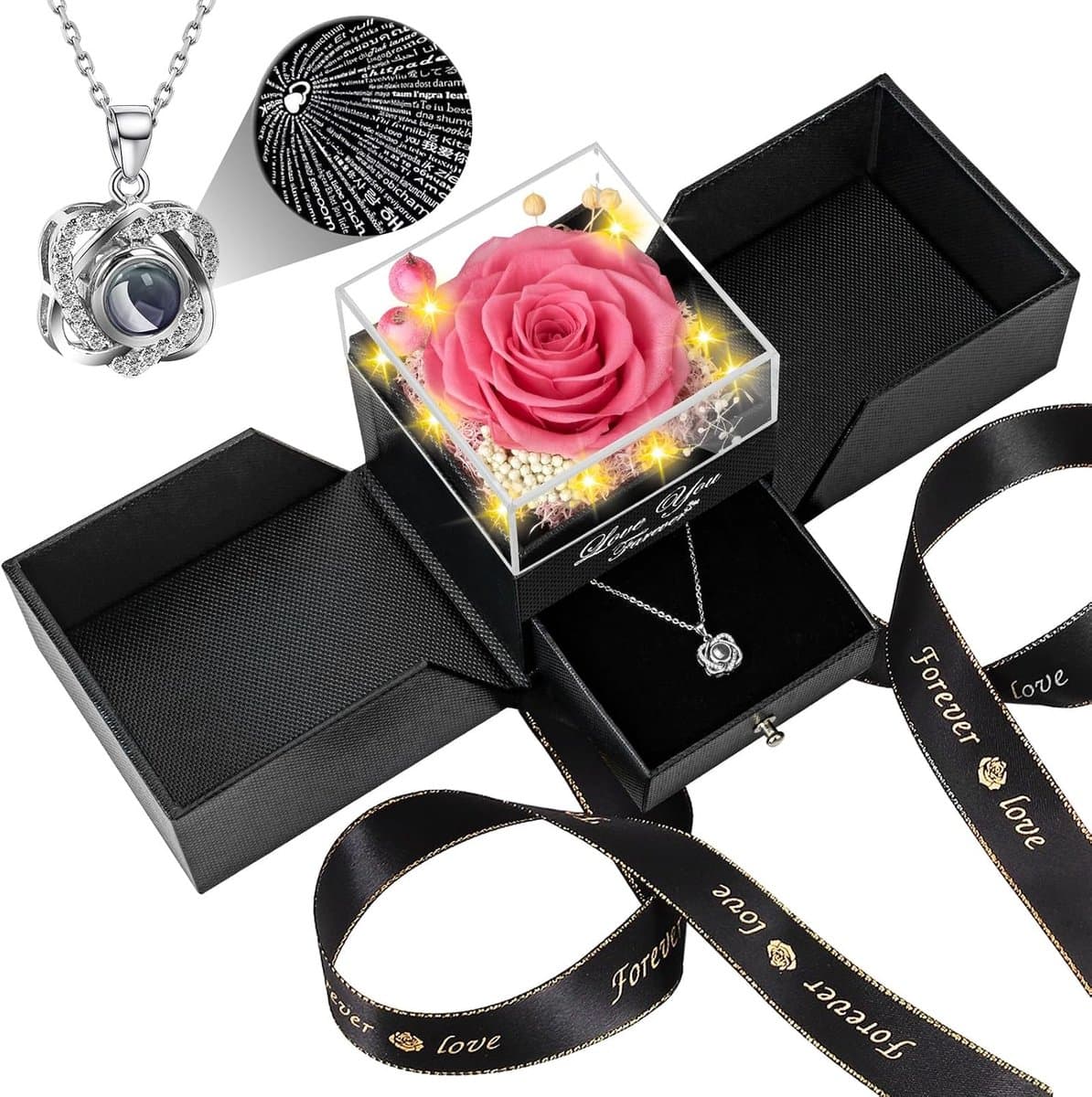 Echte Rose Verjaardag Geschenken voor Vrouwen Vrouw Haar Moeder Vriendin Meisjes Oma met Ik hou van je Hart Ketting Eeuwige Rose Bloemen op Valentijnsdag Moedersdag Kerstmis Verjaardag-Roze — afbeelding 1