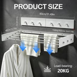 Waslijn Van 80 Cm Voor Wandmontage Met 6 Haken Aluminium Waslijn Voor Balkon Badkamer Of Radiator Onzichtbaar En Ruimtebesparend Draagvermogen Tot 30 Kg wit — thumbnail 3