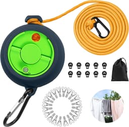 Waslijn uittrekbaar, 10 m draagbare campingwaslijn, outdoor reizen waslijn reiswaslijn met 10 vaste gespen en 20 klemmen voor camping, badkamer, bijkeuken, tuin, hotel — thumbnail 1