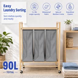 MEUNIQ bamboe wassorteerder met 3 vakken, uitneembare waszakken en wielen – 90 liter wasmand voor badkamer, slaapkamer of wasruimte – antraciet/naturel — thumbnail 4