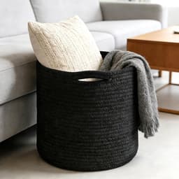 Gevlochten, opbergmand met handvatten, wasverzamelaar handgemaakt, mand voor opberging van dekens, speelgoed, knuffels, kleding, zwart — thumbnail 2