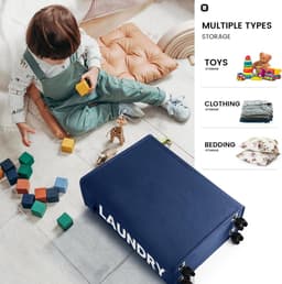 Wasmand 43L Opvouwbare Dunne Wasverzamelaar Met Wieltjes - Oxford Vuile Kleren Opbergmand - Smal, Inklapbaar Met Handvat, Wielen, Netdekking en Trekkoord (Donkerblauw) — thumbnail 3