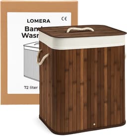 Lomera Bamboe Wasmand - Wasmand Met Deksel - 72 Liter Capaciteit - Opvouwbare Wasmand - Draaghengsels - Afneembaar Deksel - Natuurlijke Bruine Kleur - Verstevigde Metalen Ring - Uitneembare Waszak - Wasbare Binnenzak — thumbnail 3