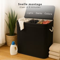 Cheqo® Wasmand 3 Vakken - Wassorteerder - Bamboe Materiaal - Zwart Design - 100 Liter Inhoud - Licht Donker Kleur - Makkelijk Te Monteren - Geen Gereedschap Nodig - Wasbare Binnenzak - Wasgoed Organizer — thumbnail 4