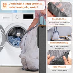 Mrs. Jones Wasmand met deksel 70 liter smalle wasbox met bamboe handvat en binnenzak opvouwbare wasbox-wassorteerder voor bijkeuken yoga-organizer donkergrijs. . — thumbnail 3