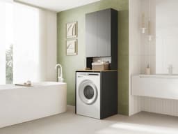 Wasmachinekast en hoge kast voor badkamer, superstructuur voor wasmachine en droogtrommel, 210 x 65 x 50/56 cm, wit — thumbnail 3