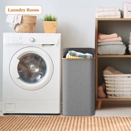 Wasmand met deksel - 70 Liter | Smalle Opvouwbare Wasbox met Bamboe Handvat | Ideaal voor Badkamer en Bijkeuken — thumbnail 4
