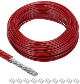 Ronte - Metalen kabel van roestvrij staal 304 - 30 meter - 1/8 inch (3 mm) - Vinyl gecoat - Aluminium hulzen - Wasrek - Optillen - Rood — thumbnail 1