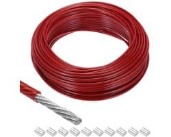 Ronte - Metalen kabel van roestvrij staal 304 - 30 meter - 1/8 inch (3 mm) - Vinyl gecoat - Aluminium hulzen - Wasrek - Optillen - Rood