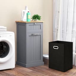 GIANTEX Waskast met lade en uittrekbare wasmand, houten kast voor vuile kleding, 40 x 37 x 82 cm, opbergmeubel voor badkamer, waskeuken (grijs) — thumbnail 3