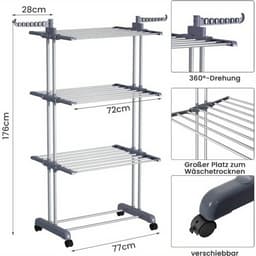 3-Laags Wasdroogrek met Verstelbare Stangen en Wielen – Opvouwbaar Droogrek met Hangers – Geschikt voor Binnen & Buiten — thumbnail 3
