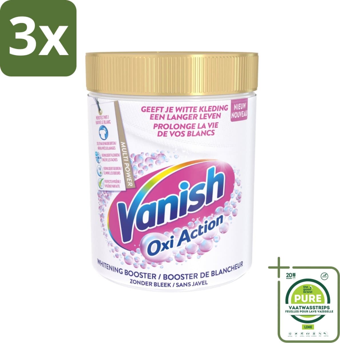 3 x Vanish Oxi Action - Vlekkenverwijderaar - Wasbooster - Zonder Bleek - Witte Was - 1 Kg - Grootverpakking - Vlekkenverwijderaar - Wasverbeteraar - Witwas - Vlekken Verwijderen - Witheid Herstellen — afbeelding 1