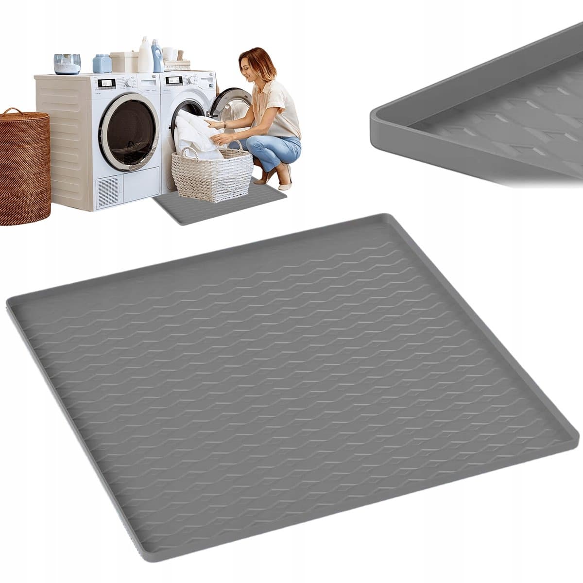 Wasmachine Mat - Anti-lek Mat voor Wasmachine & Koelkast - Vloerbeschermmat - Grijs Silicone 60x60cm - Verhoogde Rand & Antislip — afbeelding 1