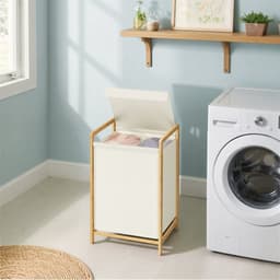 SONGMICS RLH102WD01 - Wasmand met Deksel - 2 Vakken - Afneembare Waszak - Bamboe Frame — thumbnail 4