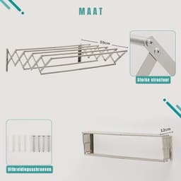 Nexvo® Wanddroogrek –Wasrek Goed voor 5.6 Meter Wasgoed – Uitschuifbaar Droogrek - Zilver- ‎59cm x 80cm x 19 cm — thumbnail 4