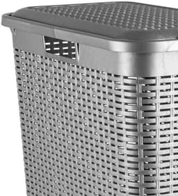 Plasticforte Smalle Wasmand met deksel Rotan - zilvergrijs - gevlochten kunststof - 48 liter - 27 x 46 x 60 cm — thumbnail 2