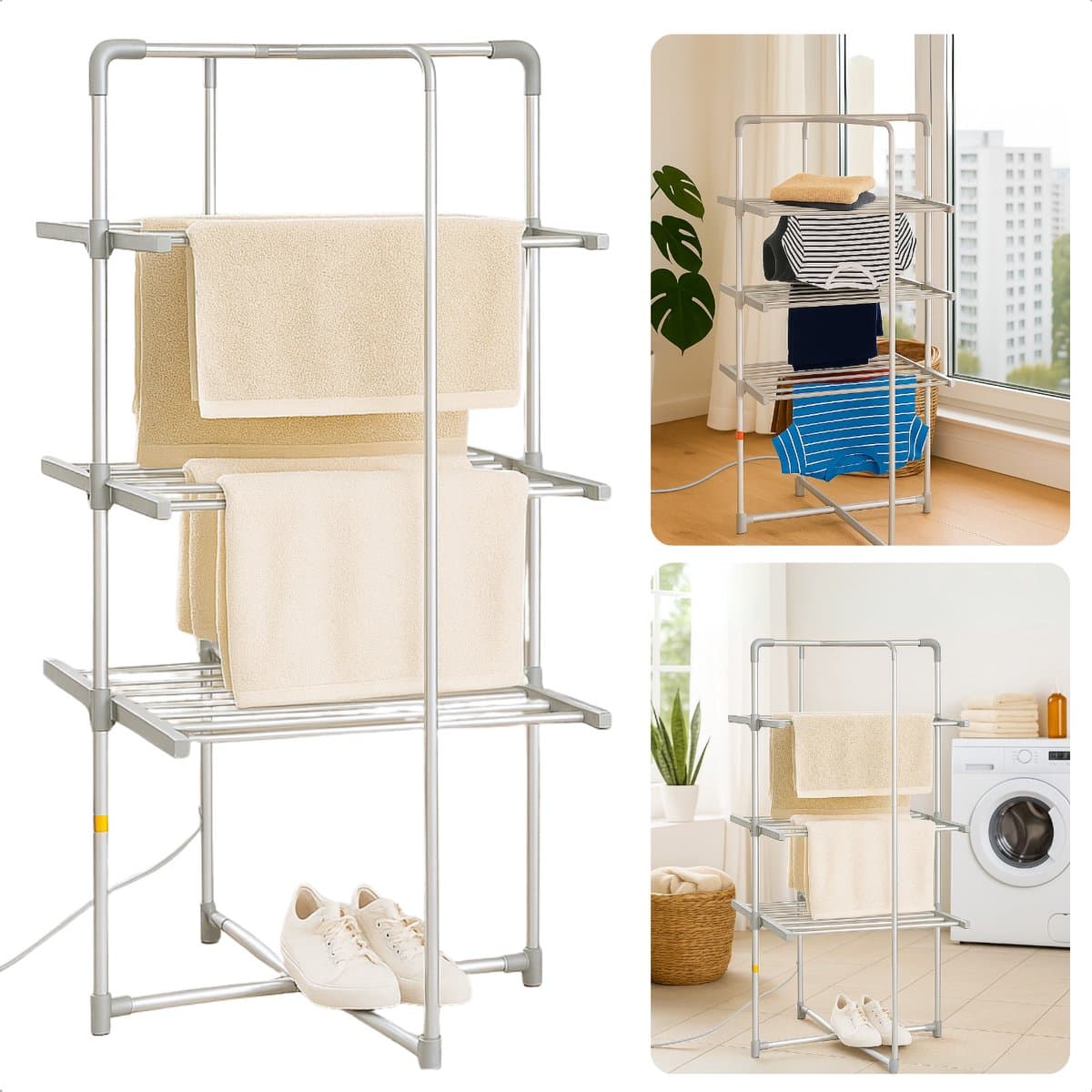 Cheqo® Elektrisch Droogrek - Droogtoren - Wastoren - 21M Droogruimte - Inklapbaar Aluminium - Verwarmd voor Badkamer - Elektrisch Wasrek - Droger — afbeelding 1
