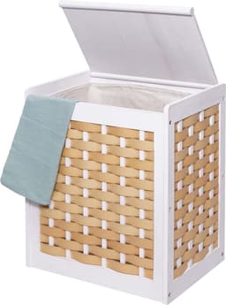Wasmand MCW-G37, wasverzamelaar wassorteerder wasbox, massief houten shabby-look rieten 61x51x35cm ~ wit — thumbnail 5