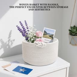 SnelShoppen - Kleine gebreide opbergmand, ronde wasmand van katoen voor het organiseren van kleding, badkamer, speelgoed, d 24 × h 18 cm (wit) — thumbnail 5