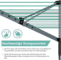 Droogmolen met 4 armen - Wasrek buiten - Kleding drogen - Grote droogruimte - 50 meter waslijn - Zilver — thumbnail 4
