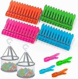 48 Kledingpegs - Wasknijpers met mand - Kleding drogen - Windbestendig ontwerp - 48 stuks - Vier kleuren — thumbnail 1