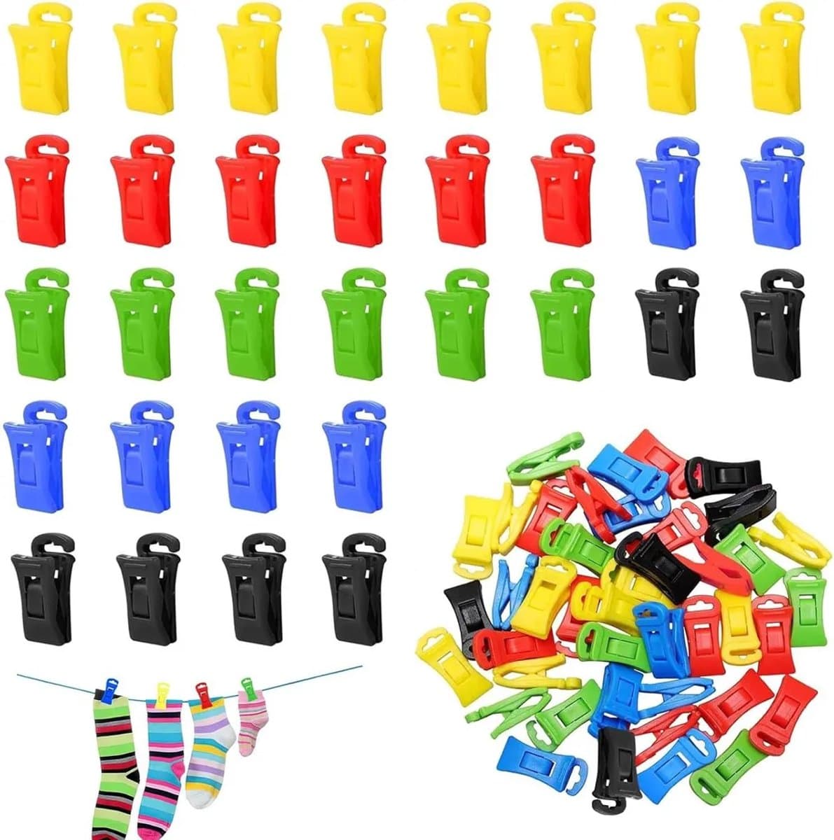 Sokkenclips voor wasmachines en drogers, een set van 60 gekleurde sokkenclips, antislip sokkenclips met haakjes. — afbeelding 1