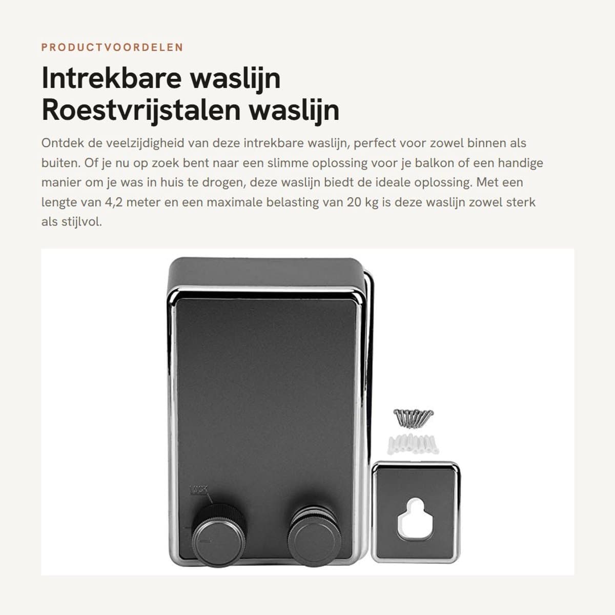 Dailygoods- Waslijn Intrekbaar - Wandmontage - Roestvrij Staal - Duurzaam - Max. Belasting 20 kg - Lengte 4,2 meter - Kledingdroogrek — afbeelding 1
