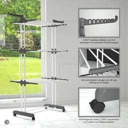 Droogrek Opvouwbaar Verticaal - Droogtoren Inklapbaar - Was Ophangen - Ruimtebesparend met Wielen - 128x49x173cm - Grijs — thumbnail 4