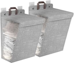 Wasmand met Deksel - Wasmand 3 Vakken - Wasmanden - Wasmanden Beige - Wasmanden Grijs - Groot Capaciteit 58 x 41 x 15 cm - Wascontainer — thumbnail 1