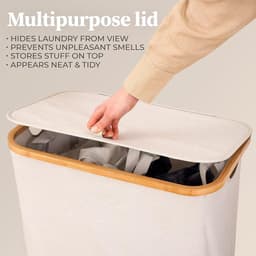Grote Wasmand met Deksel - Beige - 140L Inhoud - Dubbele Compartimenten - Voor Badkamer en Slaapkamer — thumbnail 5