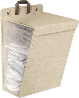 Wasmand - Opvouwbare Wasmand - Katoen en linnen - Met Deksel - Smalle - Afneembare zak - Reisgoederen - Opvouwbare Mand Vuile Was - Plooimand - Ophangbare - Voor wasruimte, slaapkamer - 48*36*12cm - Grijs — thumbnail 1