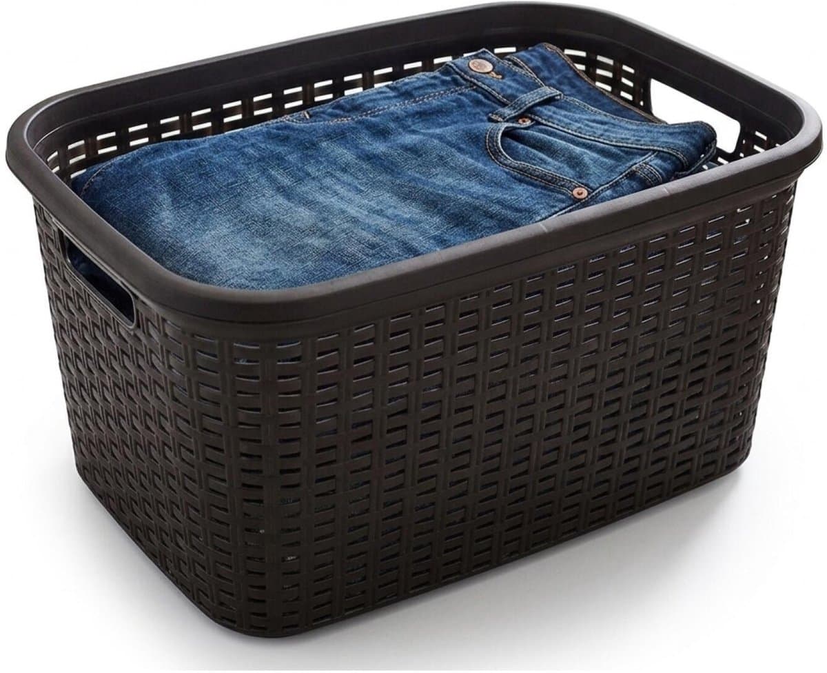 Plasticforte Wasmand - 35 liter - rotan - zwart - kunststof - 53 x 36 x 26 cm - draagmand - met handvatten - lichtgewicht — afbeelding 1