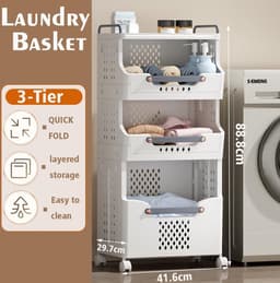 Inklapbare stapelbare wasmand met wielen - rollende waswagen karren - plastic wasmand met handgrepen - vuile kledingmand houder - opvouwbare wasbak - 3 lagen — thumbnail 5