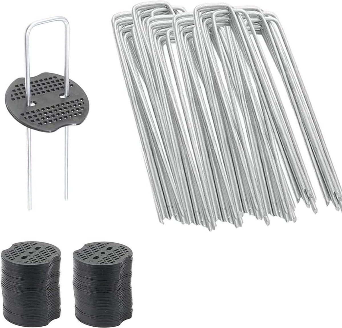 Grondankers voor tuinieren - Onkruidvlies - Tent - Verzinkt - 25 mm diameter - 15 cm lang - 4 cm breed - 50 stuks met bufferschijven — afbeelding 1
