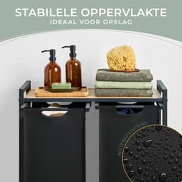 Blumtal Wasmand met 2 vakken - Wasmand met bamboe plank - Metalen frame - Wasmand met poten - Zwart — thumbnail 2